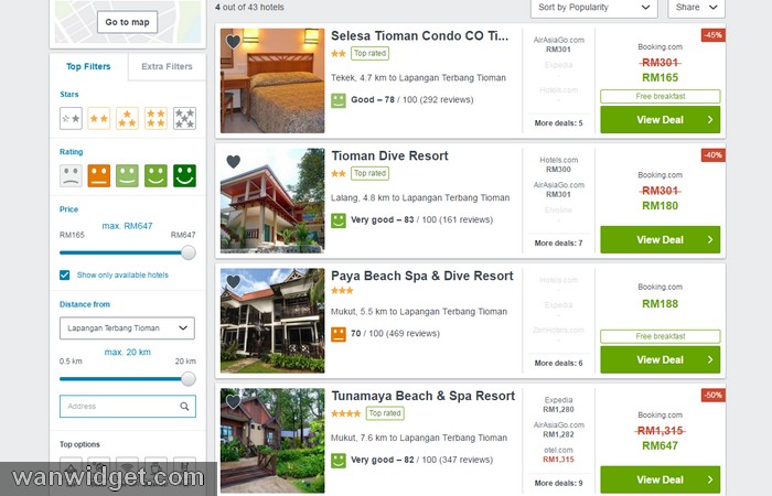 Contoh website eCommerce pelancongan untuk perbandingan bilik penginapan Pulau Tioman