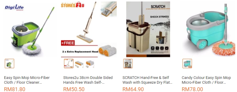 Pelbagai jenis bentuk dan rekaan pengelap lantai mop yang dijual di website eCommerce Lazada Malaysia
