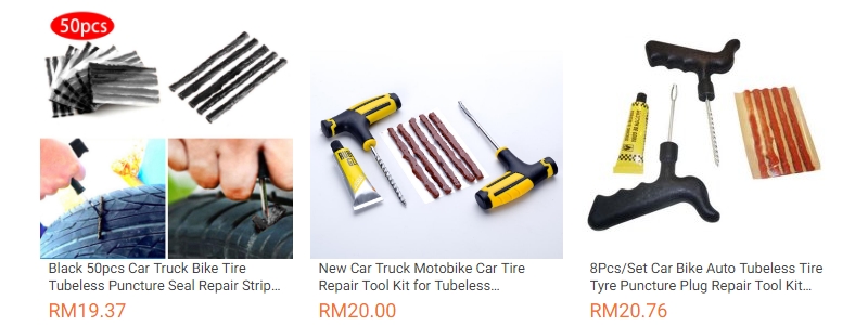Alat tool kit untuk tampal tayar bocor kereta yang ada dijual di Lazada