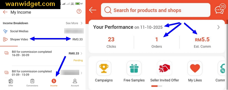 Komisen income dari affiliate Shopee Video