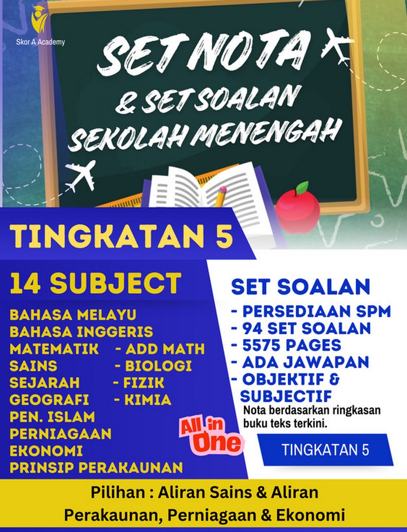 Set nota 8 subjek dan kertas soalan untuk tingkatan 5 yang lengkap